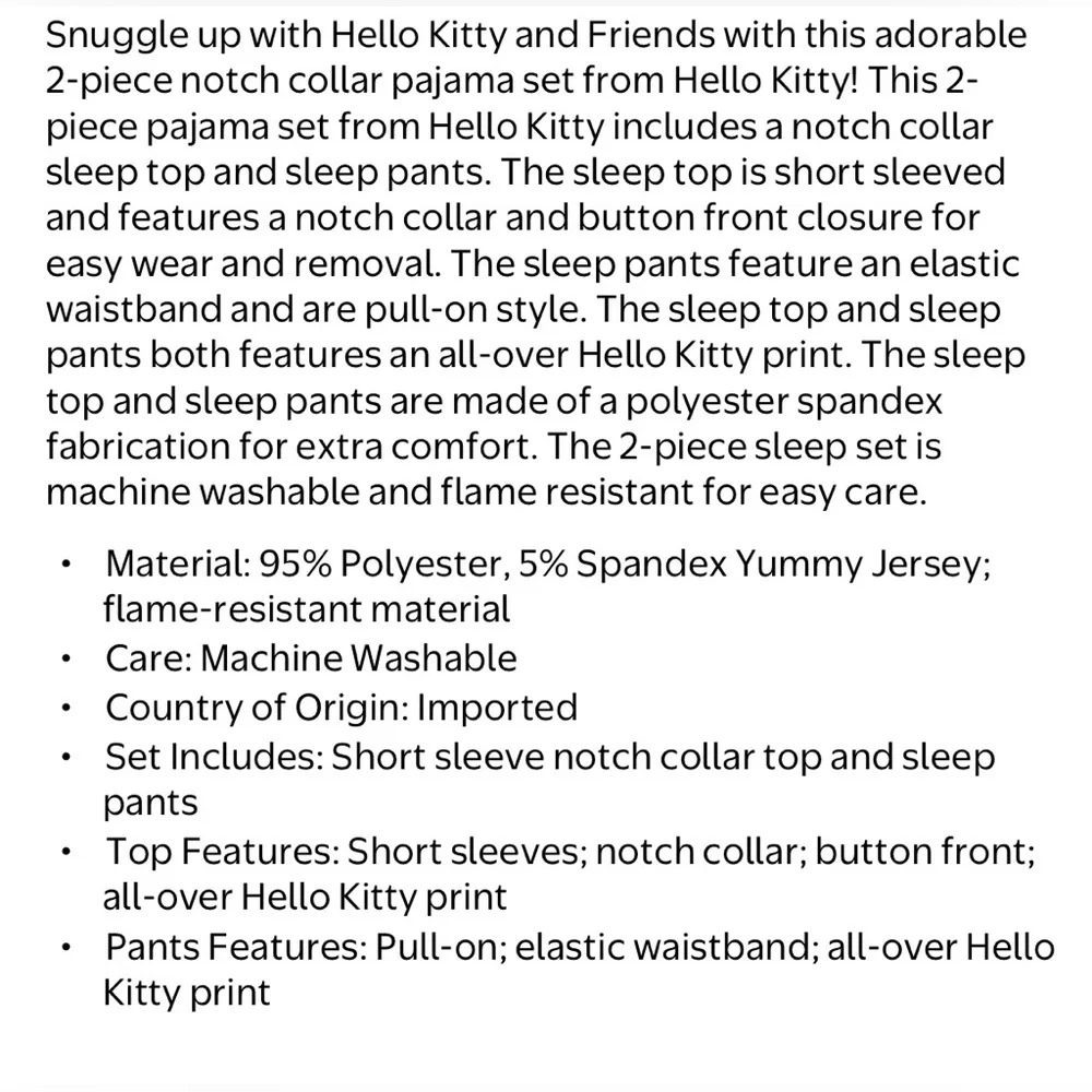NWT Hello Kitty & Friends Girls 2-Piece PJ Set Pink Rainbow Sleepwear‎ Sz S 6/6X